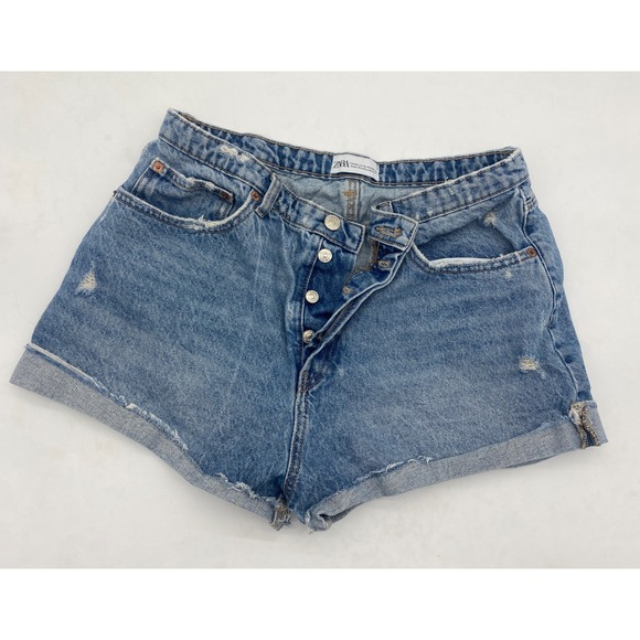 Zara Pants - Zara Womens High Rise Distressed Denim Shorts Medium Wash Button Fly Size 12